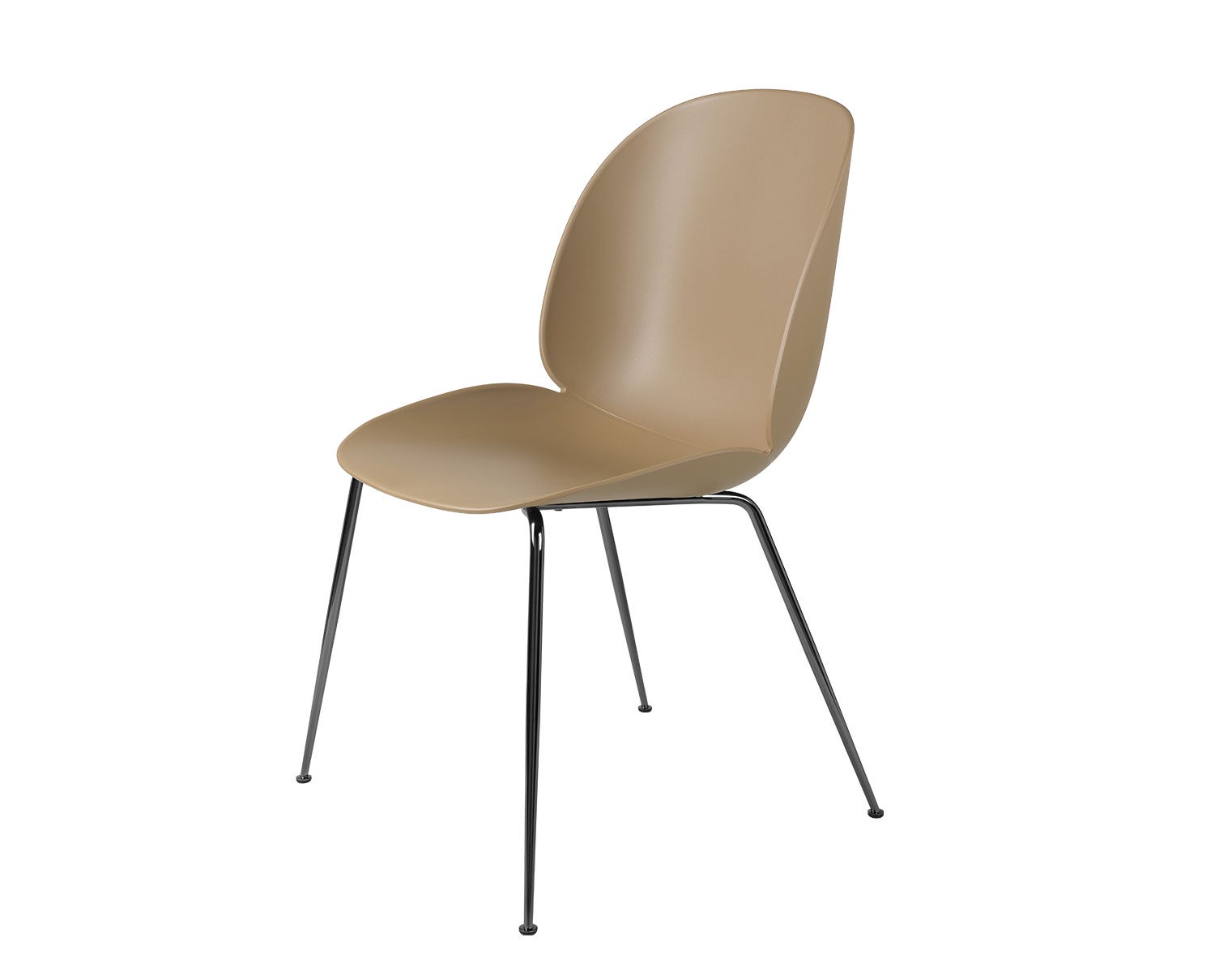 Beetle stol, Conic metallben i sart krom, sits i Pebble Brown