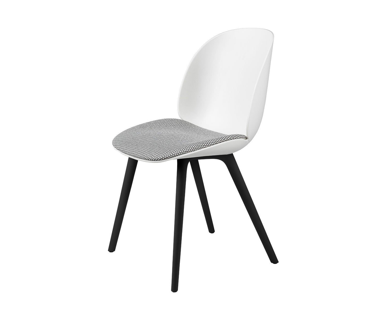 Beetle stol, svarta plastben, sits i vit plast med kudde i Backhausen Korb