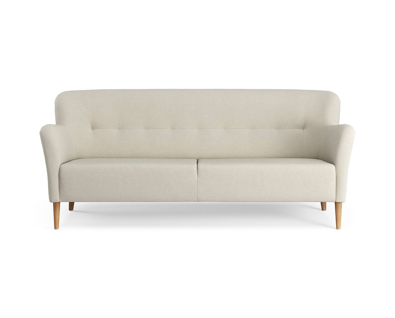 Soffan Nova i tresitsig modell. Soffan är klädd i tyget Patina 02, med ben i oljad ek. 