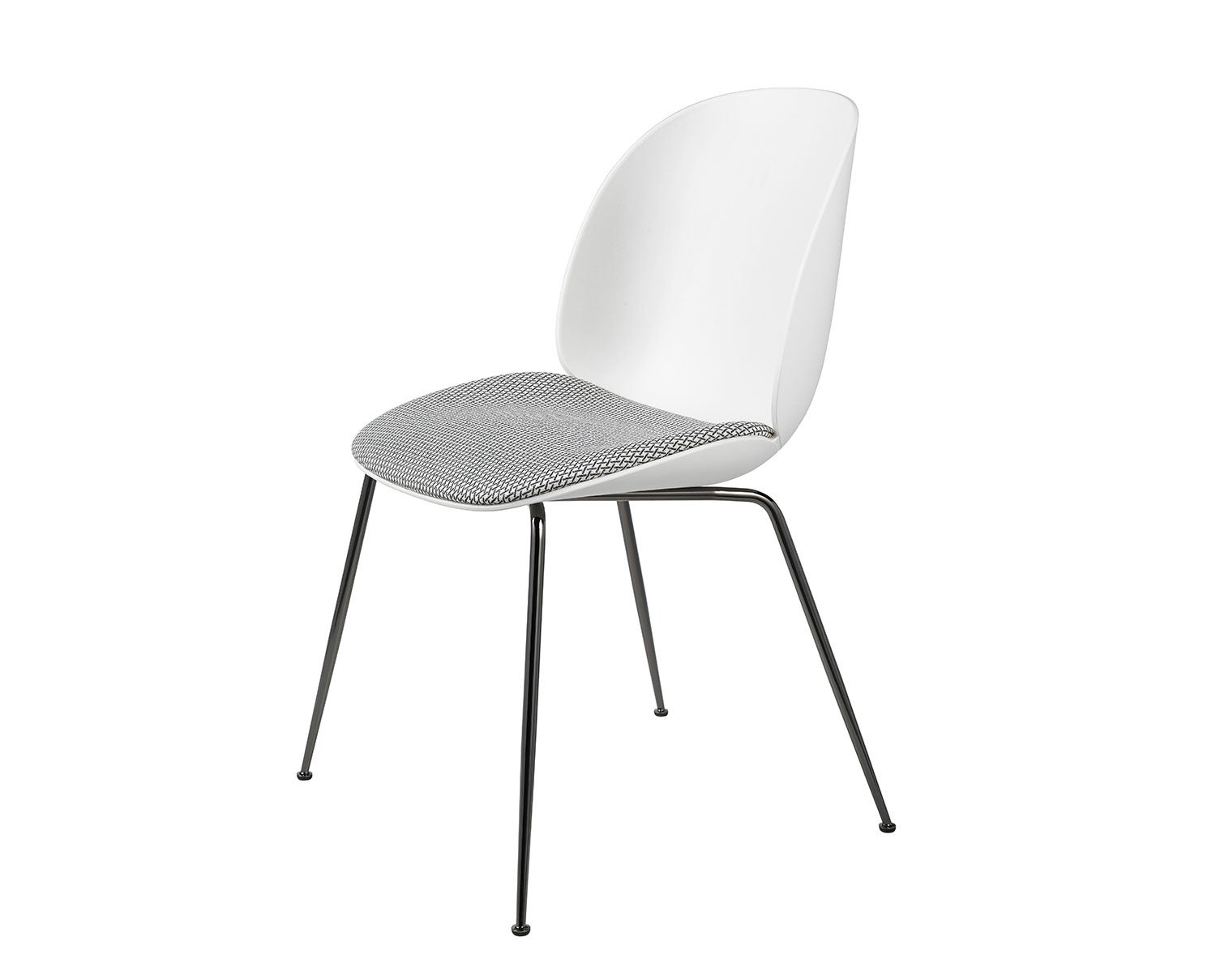 Beetle stol, Conic metallben i svart krom, sits i Pure White plast med kudde i tyg Backhausen Korb